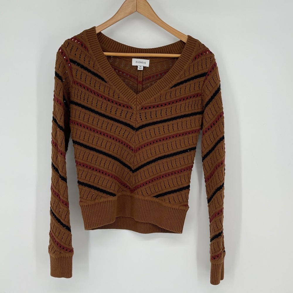 Evereve Brown Knit Chevron Stripe V Neck Long‎ Sleeve Sweater XS Cabin Cozy